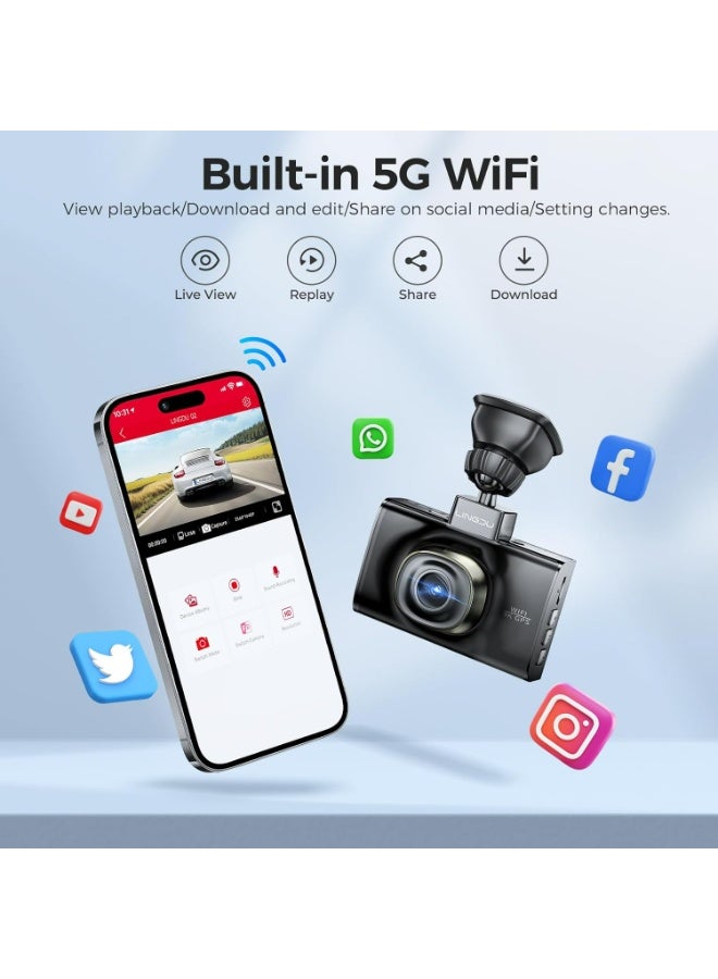 LINGDU LD02 5K 5G WiFi Dash Cam with Free 64GB SD Card, 3" IPS Screen 150° WDR IR Night Vision 24H Parking Mode Dashcam for Car, Build-in GPS G-Sensor, Max Up Support to 128GB TF Card, Easy to Install - Image 2