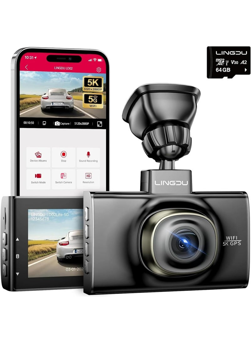 LINGDU LD02 5K 5G WiFi Dash Cam with Free 64GB SD Card, 3" IPS Screen 150° WDR IR Night Vision 24H Parking Mode Dashcam for Car, Build-in GPS G-Sensor, Max Up Support to 128GB TF Card, Easy to Install - Image 1
