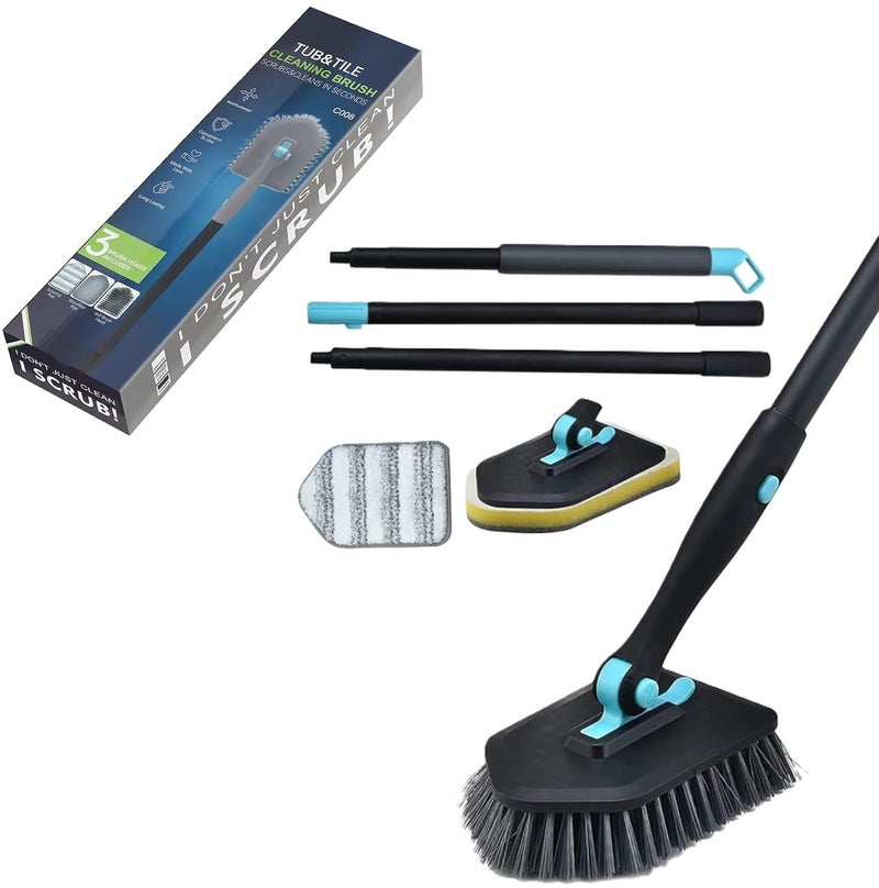 IGNOTI 3 in 1 Tub Tile Scrubber with Long Handle 51 Scrub Cleaning Brush Stiff Bristles Brush Grout Brush for Kitchen Toilet Wall Bathtub Shower Bathroom Sink Window Baseboard Black