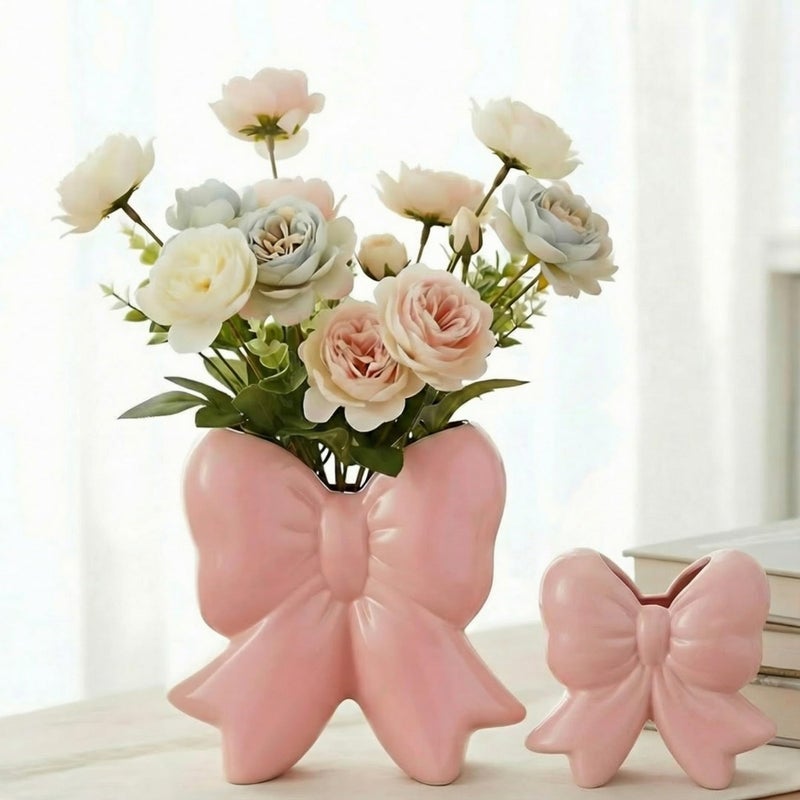 Jingmore Bow Vase Coquette Ceramic Vase Pen Holder Makeup Brush Holder Contemporary Design Decorative Women Gift for Christmas Home Office Shelf Table Room(Light Pink,Large,Classic) - Image 1