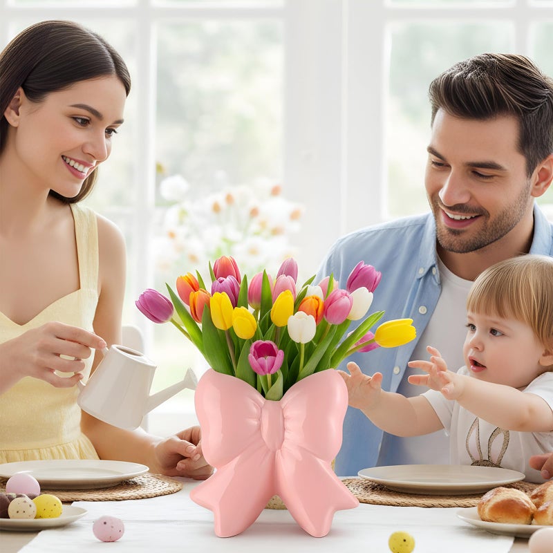 Jingmore Bow Vase Coquette Ceramic Vase Pen Holder Makeup Brush Holder Contemporary Design Decorative Women Gift for Christmas Home Office Shelf Table Room(Light Pink,Large,Classic) - Image 5