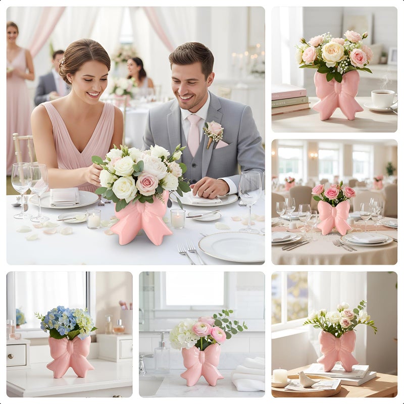 Jingmore Bow Vase Coquette Ceramic Vase Pen Holder Makeup Brush Holder Contemporary Design Decorative Women Gift for Christmas Home Office Shelf Table Room(Light Pink,Large,Classic) - Image 3