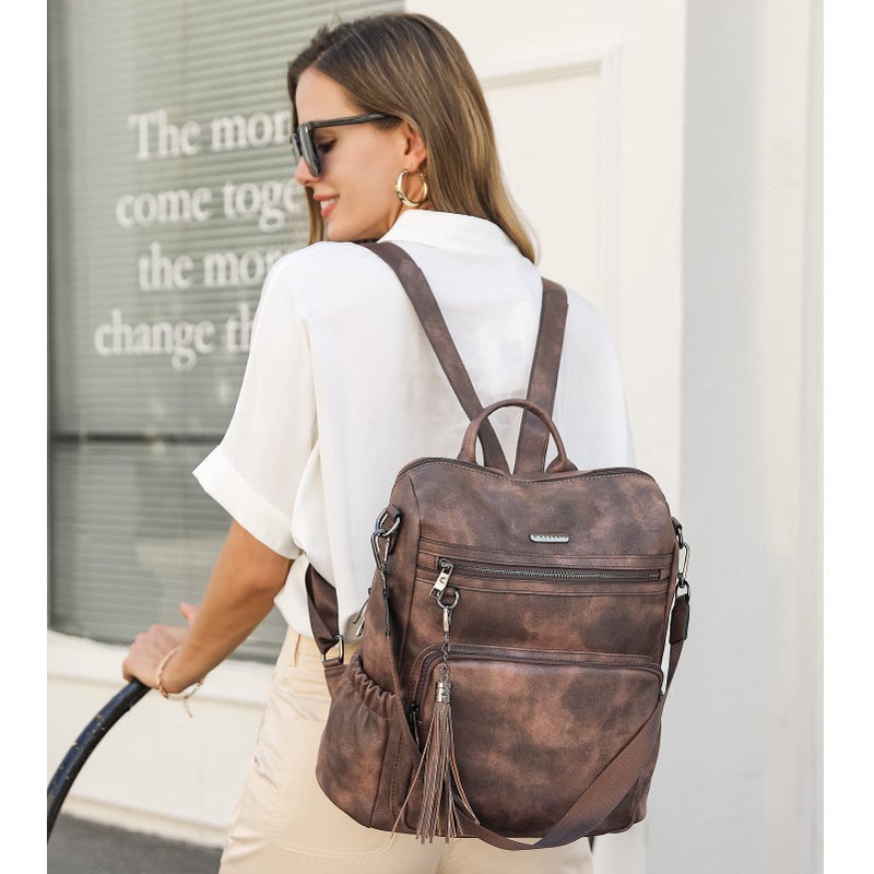 CLUCI Backpack Purse for Women Large Leather Travel Backpack Work Fashion Ladies Casual Daypack with Tassel Two-Tone Coffee - Image 2