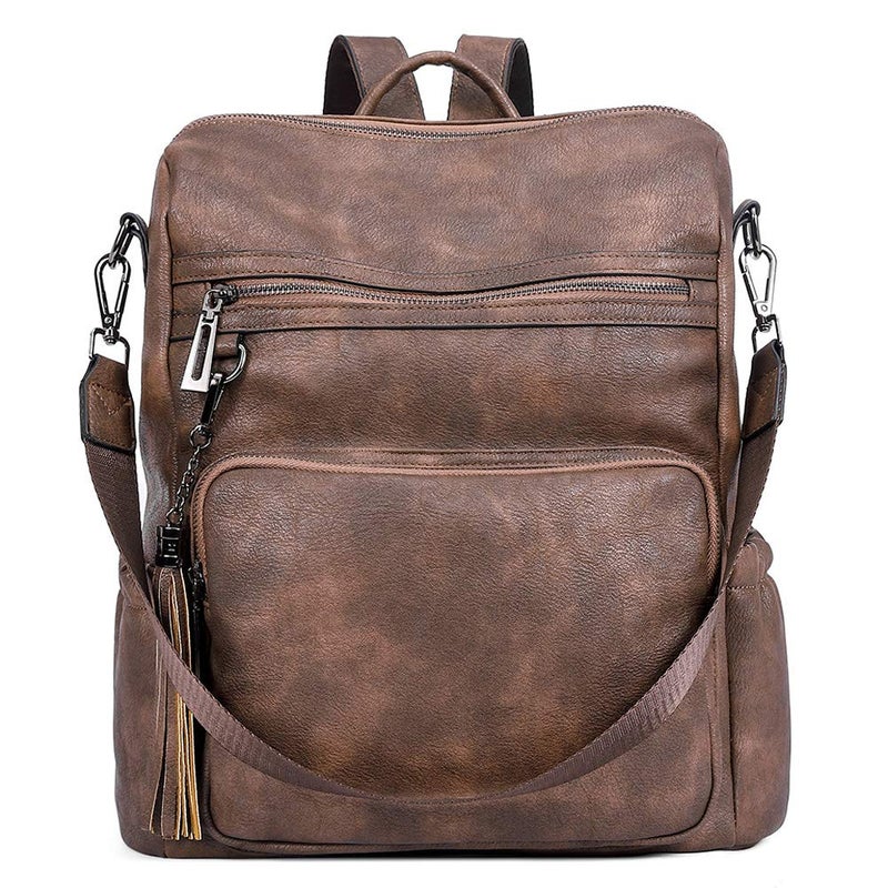 CLUCI Backpack Purse for Women Large Leather Travel Backpack Work Fashion Ladies Casual Daypack with Tassel Two-Tone Coffee - Image 1