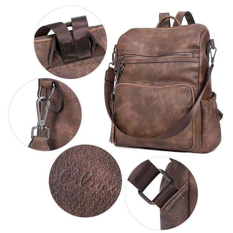 CLUCI Backpack Purse for Women Large Leather Travel Backpack Work Fashion Ladies Casual Daypack with Tassel Two-Tone Coffee - Image 5