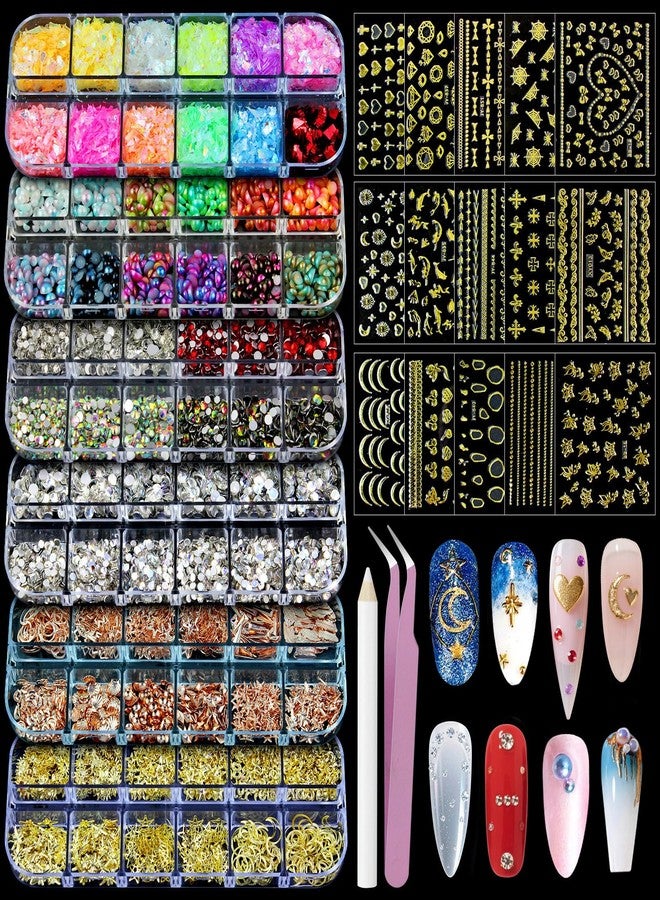 Artdone Nail Art Studs Kit, 6 boxes Multicolor And Design 3D Charms Pearls With 15 Sheets Gold Nail Stickers, Diamond Cute Nail Jewels For DIY Decoration with Pickup Tools - Image 1