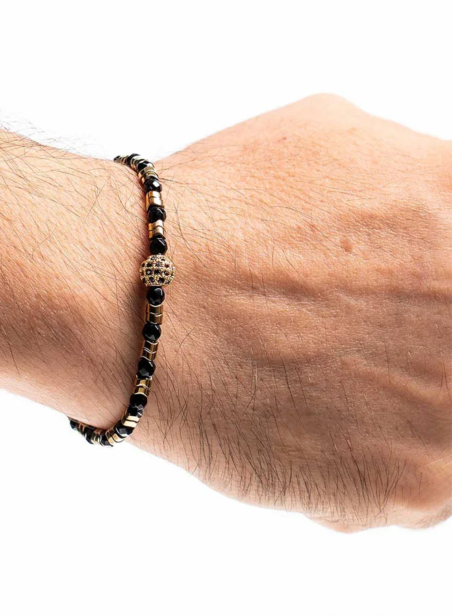 CHRYSOSTOMOS Handmade Beaded Bracelet with Black Tagie Onyx, Gold Hematite and Gold Zircon