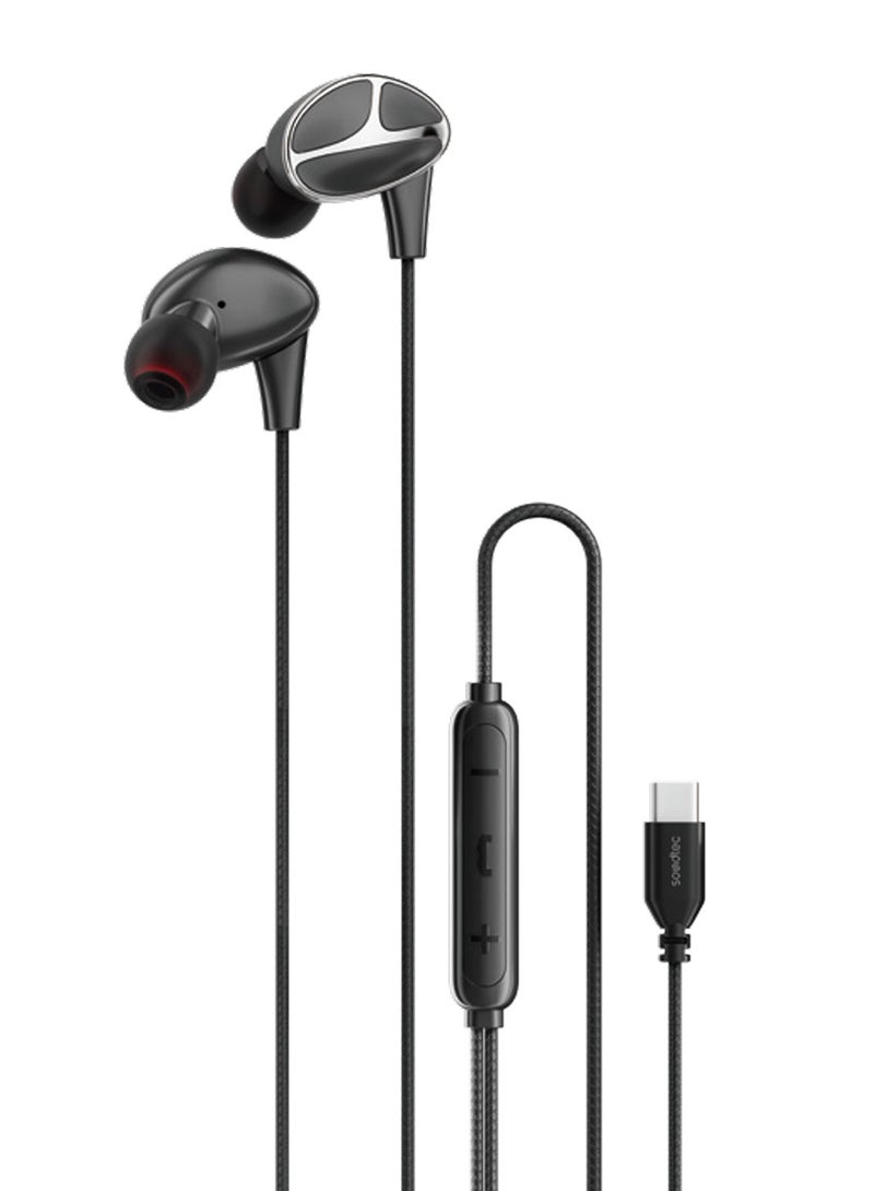 porodo Soundtec Stereo Bass Type-C Connection Wired Earphones with 3-Button Control and Powerful Bass / Compatible with Laptop, Tablet, Mobile, Gaming Device / Handsfree Calling / Wired Headphones - Black