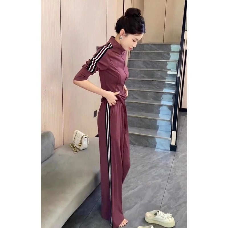 Women's Wine Red Casual Suit Set Top and Pants - Image 1