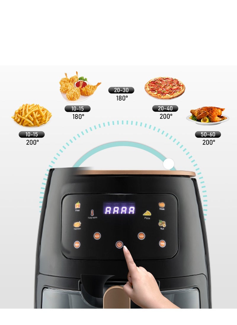 DUMBO - 1400W 4.5 Liter Air Fryer with Glass Frying Basket, Dishwasher Safe Tray and Insulation pad, 60 Minute Timer, Digital Touch Display, and 6 Presets - Variable Temperature Control AF-1124 Black - Image 1