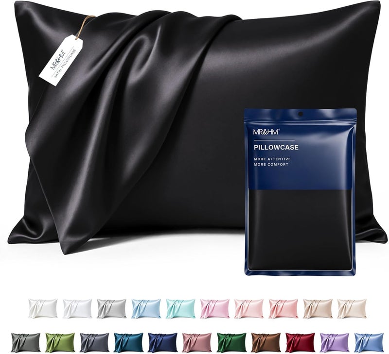 MR&HM Satin Pillowcase for Hair and Skin, Silk Satin Pillowcase 2 Pack, Queen Size Pillow Cases Set of 2, Silky Pillow Cover with Envelope Closure (20x30, Black) - Image 1