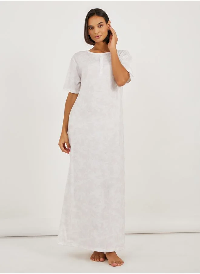 Styli Styli Leafy Floral Print Placket Sleep T-Shirt Dress