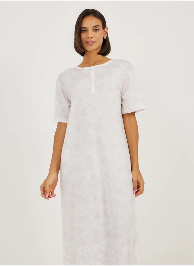 Styli Styli Leafy Floral Print Placket Sleep T-Shirt Dress