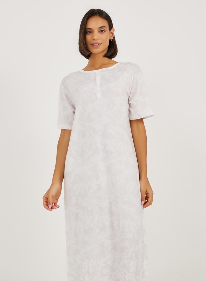 Styli Styli Leafy Floral Print Placket Sleep T-Shirt Dress  - Image 2