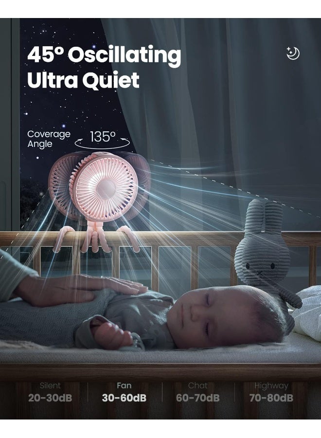 Gaiatop Baby Stroller Fan, 4000mAh Oscillating Mini Portable Fan with Light, 4 Speeds Battery Operated Small Handheld Desk Fan, 360Â° Rotate Flexible Tripod Clip On Fan for Car Seat Crib Travel Pink - Image 2