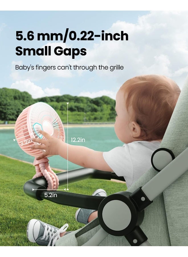 Gaiatop Baby Stroller Fan, 4000mAh Oscillating Mini Portable Fan with Light, 4 Speeds Battery Operated Small Handheld Desk Fan, 360Â° Rotate Flexible Tripod Clip On Fan for Car Seat Crib Travel Pink - Image 3