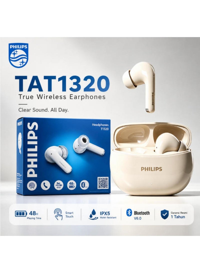 Philips 🎧 Philips TAT1320 True Wireless Bluetooth Earbuds - Perfect for Commuting & Entertainment, Bluetooth 6.0 Stable Connection - Crescent White WHITE - Image 1