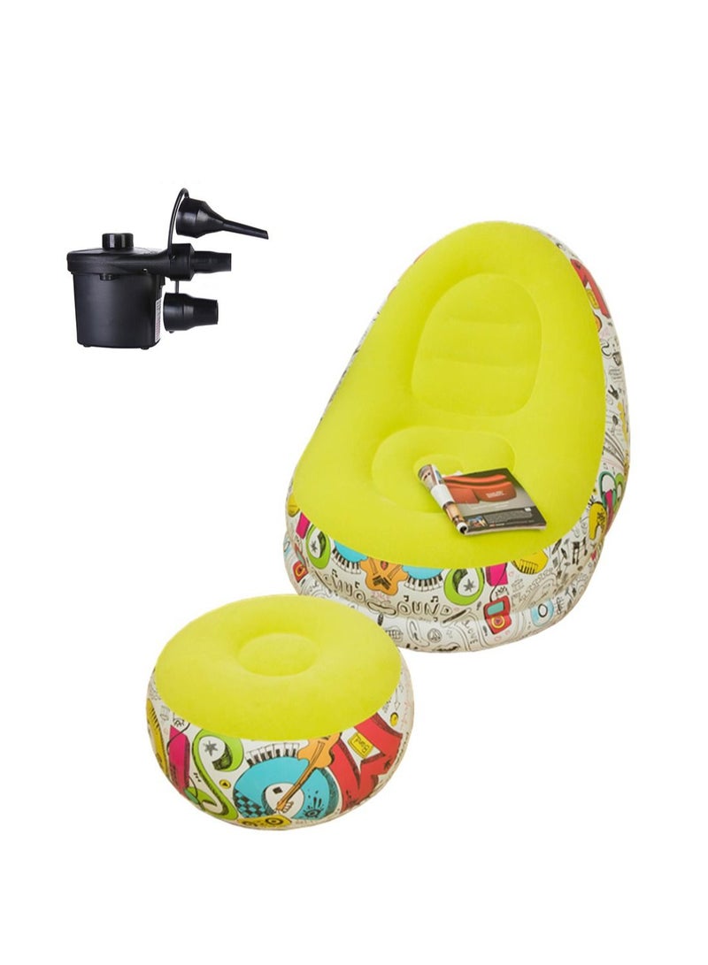 l&wen Inflatable Sofa Chair Flocked PVC Lazy with Flocking Portable Leisure Seat Room Outdoor Graffiti Green 2Pcs - Image 1