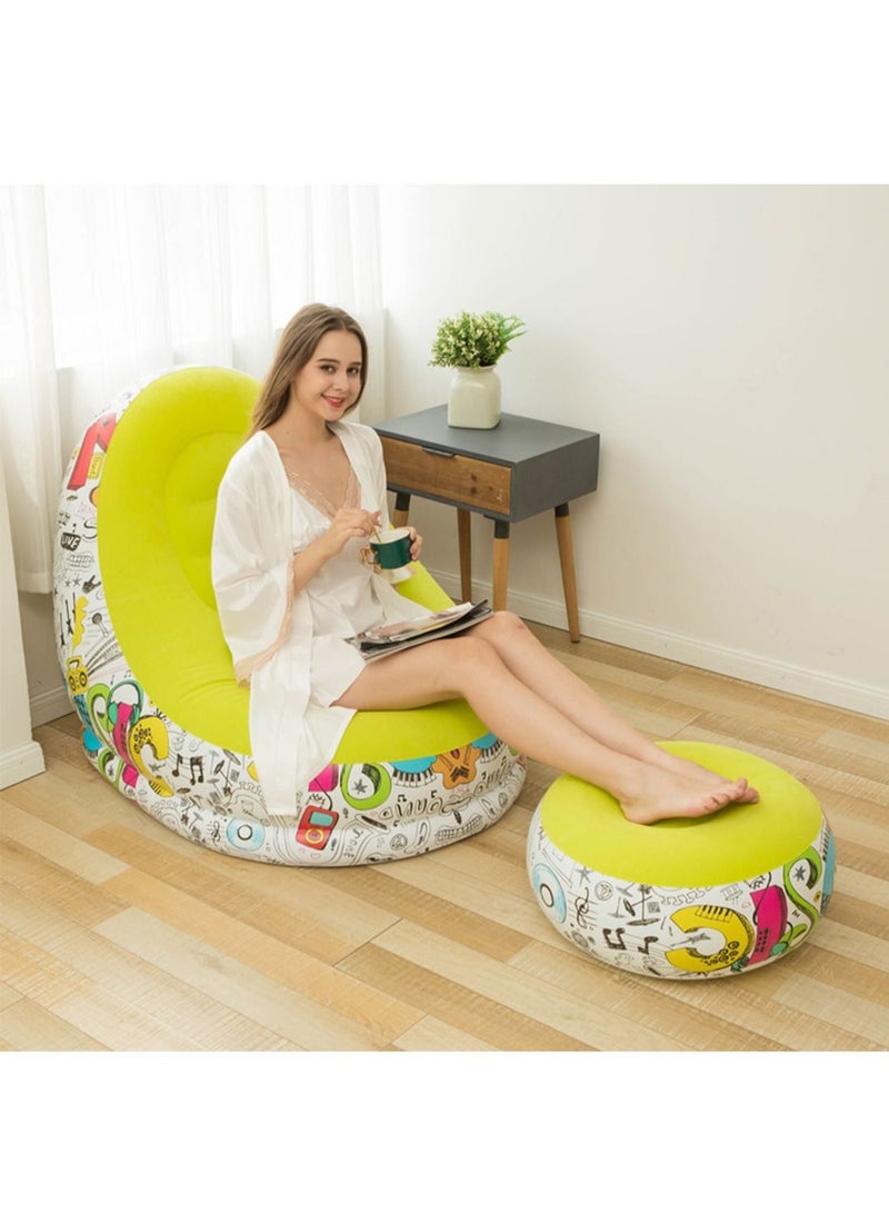 l&wen Inflatable Sofa Chair Flocked PVC Lazy with Flocking Portable Leisure Seat Room Outdoor Graffiti Green 2Pcs - Image 3