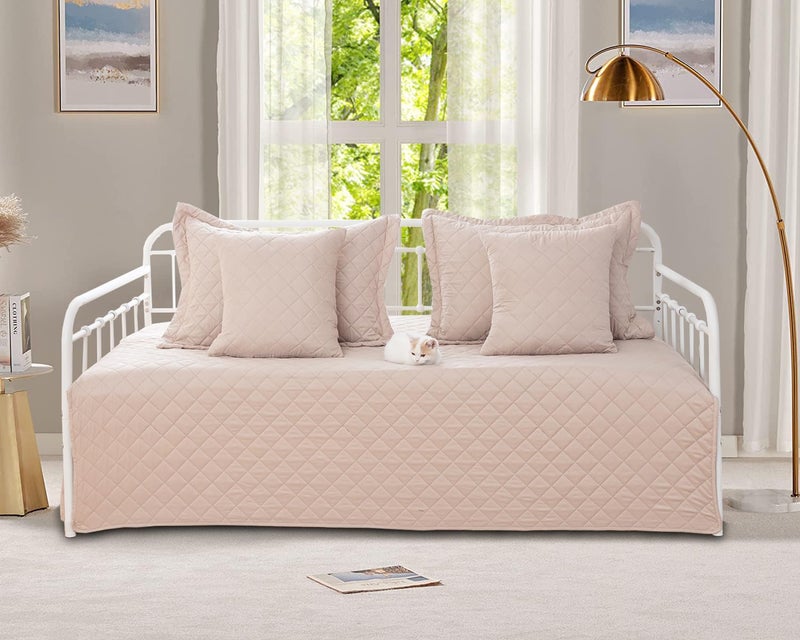 Feyocn 5-Piece Daybed Cover Set Beige Twin Cozy Daybed Bedding Sets for All Season Lightweight Daybed Comforter Bedspread, Geometric Print Day Bed Cover for Twin Bed with 4 Pillow Shams,39"x75" - Image 1