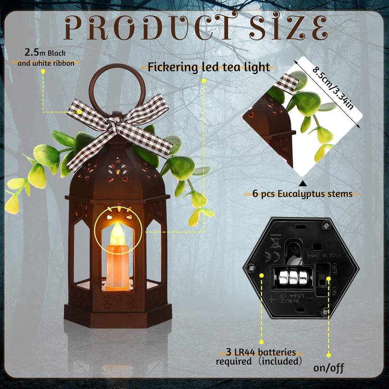 Hortsun 3 Pieces Farmhouse Decor Mini Lanterns with LED Candle Rustic Tiered Tray Decor Centerpieces Hanging Ramadan Wedding Lantern with Eucalyptus and Buffalo Plaid Vintage Battery OperatedBlack - Image 2