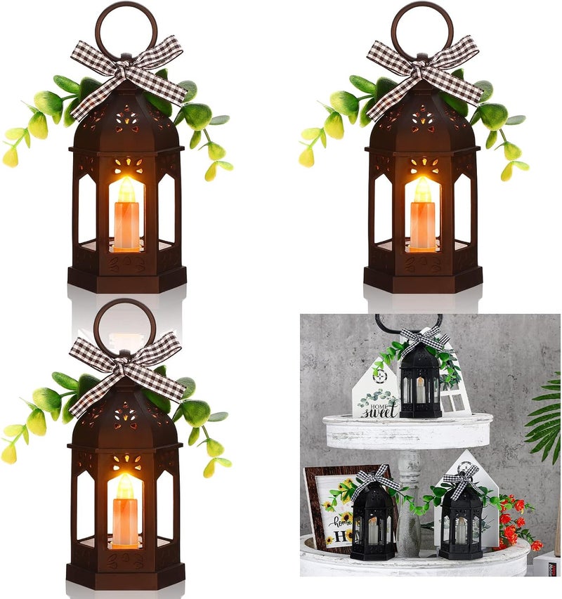 Hortsun 3 Pieces Farmhouse Decor Mini Lanterns with LED Candle Rustic Tiered Tray Decor Centerpieces Hanging Ramadan Wedding Lantern with Eucalyptus and Buffalo Plaid Vintage Battery OperatedBlack - Image 1