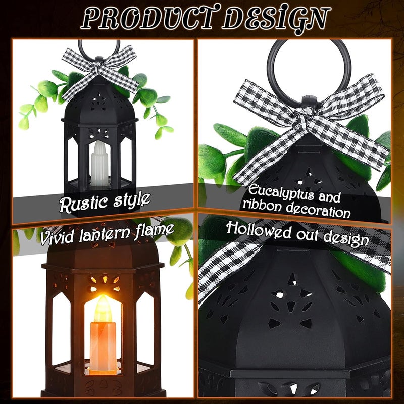 Hortsun 3 Pieces Farmhouse Decor Mini Lanterns with LED Candle Rustic Tiered Tray Decor Centerpieces Hanging Ramadan Wedding Lantern with Eucalyptus and Buffalo Plaid Vintage Battery OperatedBlack - Image 3