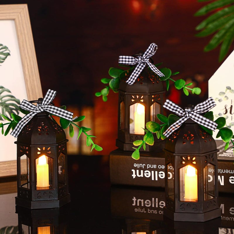 Hortsun 3 Pieces Farmhouse Decor Mini Lanterns with LED Candle Rustic Tiered Tray Decor Centerpieces Hanging Ramadan Wedding Lantern with Eucalyptus and Buffalo Plaid Vintage Battery OperatedBlack - Image 5