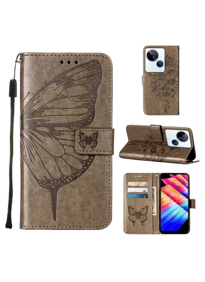 HuHa Case Cover For For Tecno Spark 10 5G / K18 Embossed Butterfly Leather Phone Case(Grey) 