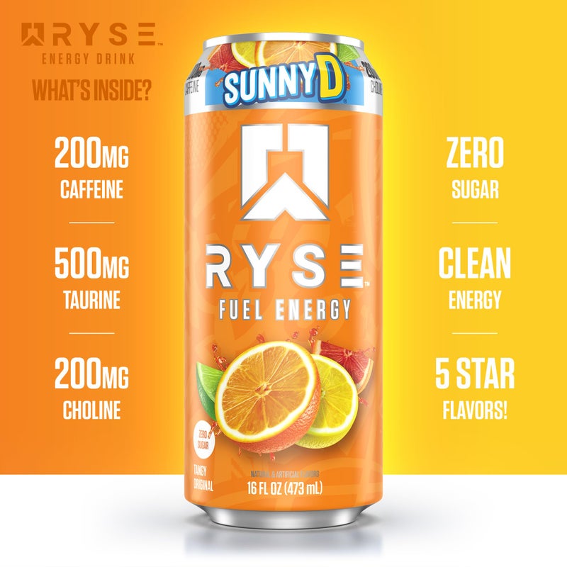 RYSE Up Supplements RYSE Fuel Energy Drink - SunnyD Tangy Original - Sugar Free, Gluten Free & Vegan - 200mg Natural Caffeine, Taurine & Choline for Focus & Energy - No Artificial Colors - 16 fl oz Cans (12-Pack) - Image 5