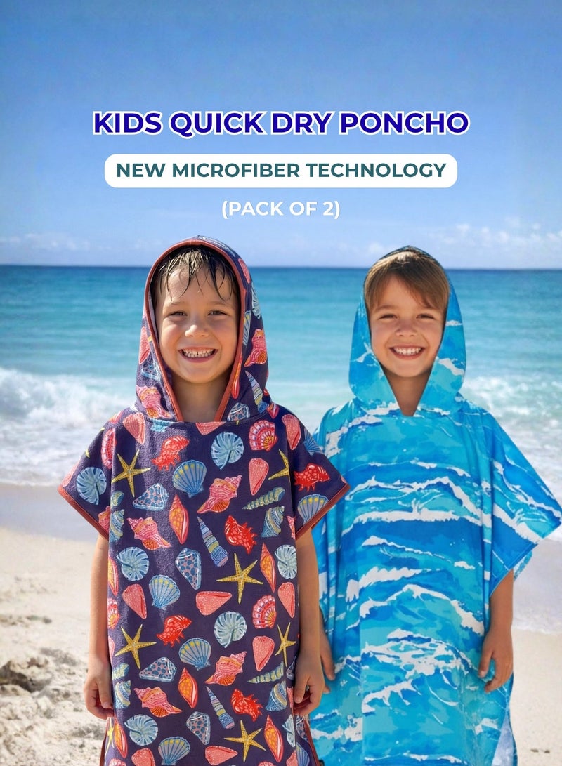 Pearl Coast International Kids Poncho Towel Hooded Pack of 2 – Quick Dry Microfiber Beach Changing Robe for Boys & Girls, Soft Absorbent Swim Cover Up - Image 1