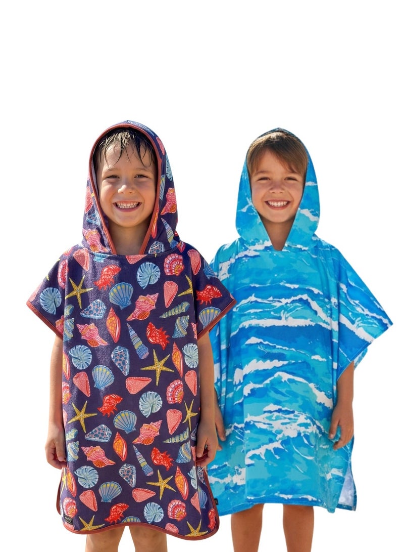 Pearl Coast International Kids Poncho Towel Hooded Pack of 2 – Quick Dry Microfiber Beach Changing Robe for Boys & Girls, Soft Absorbent Swim Cover Up - Image 2