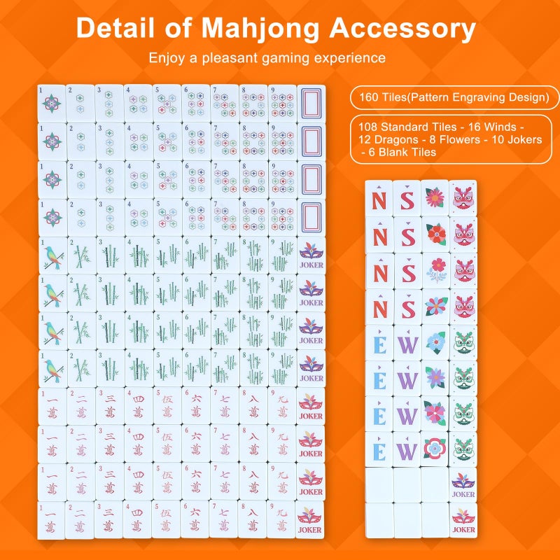 Arrowbash 160 Pcs American Mahjong Set 1.2 Inch 160 Mahjong Tiles Set with Orange Back Melamine Hand Carved Pattern for Adult Mah Jong Tabletop Games Mah Jong Lover Beginners Tiles Only - Image 3