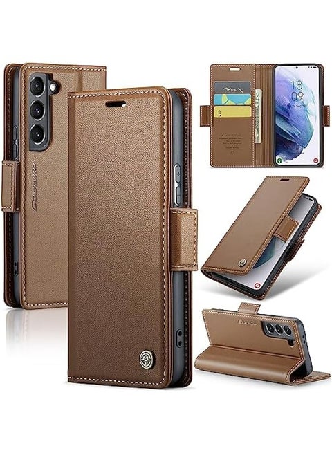 حافظة جلدية لهاتف Samsung Galaxy S21 PLUS مع حماية RFID وحامل بطاقات للنساء والرجال، تصميم قوي مع قاعدة قابلة للتحريك وإغلاق مغناطيسي وحماية من الصدمات وتغطية قابلة للطي (بني).
