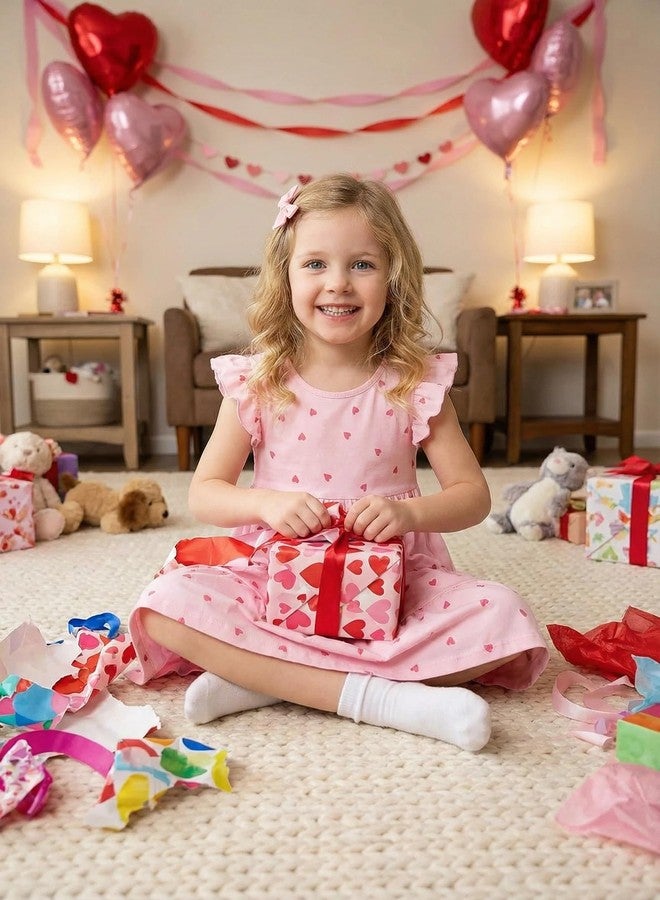 MINDSHELF Toddler Girls Valentines Dress Kids Heart Summer Dresses for Girl Ruffle Sleeve Sundress Cotton Casual Holiday Party Clothes Pink Size 7T - Image 2