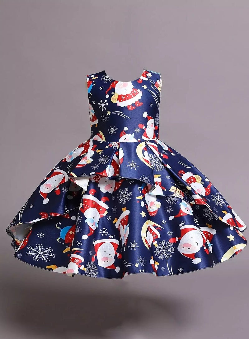 Toddler Girls Christmas Print Tie Back Gown Dress  - Image 1