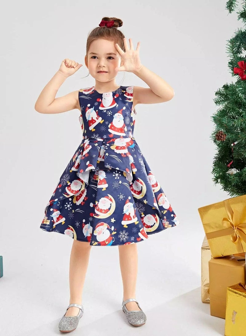 Toddler Girls Christmas Print Tie Back Gown Dress  - Image 5