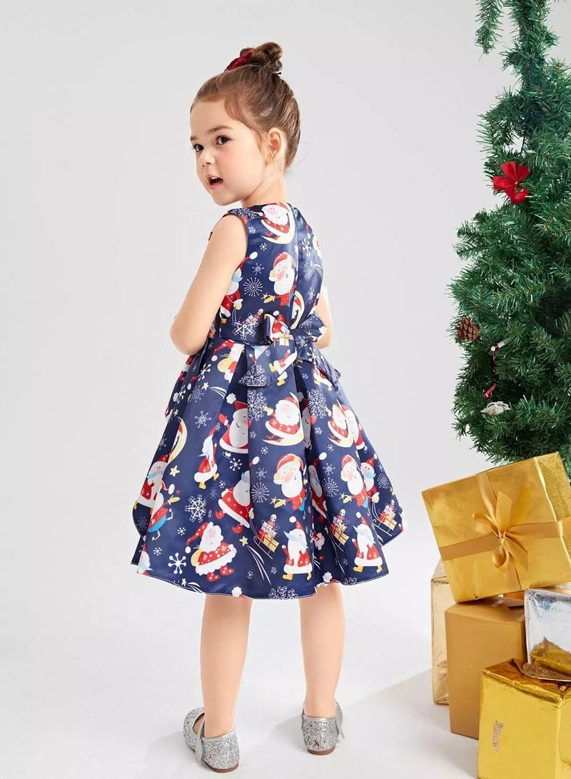 Toddler Girls Christmas Print Tie Back Gown Dress  - Image 4