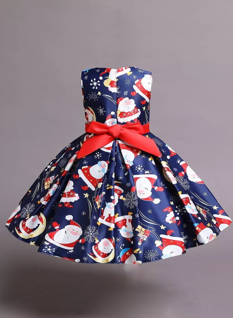 Toddler Girls Christmas Print Tie Back Gown Dress  - Image 2