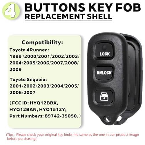 JJCHQ Key Fob Shell Case for Toyota 4Runner 1999 2000 2001 2002 2003 2004 2005 2006 2007 2008 2009/Sequoia 2001-2007 HYQ12BBX HYQ12BAN HYQ1512Y 4 Button Keyless Entry Remote Car Key Pad Cover Replacement - Image 3