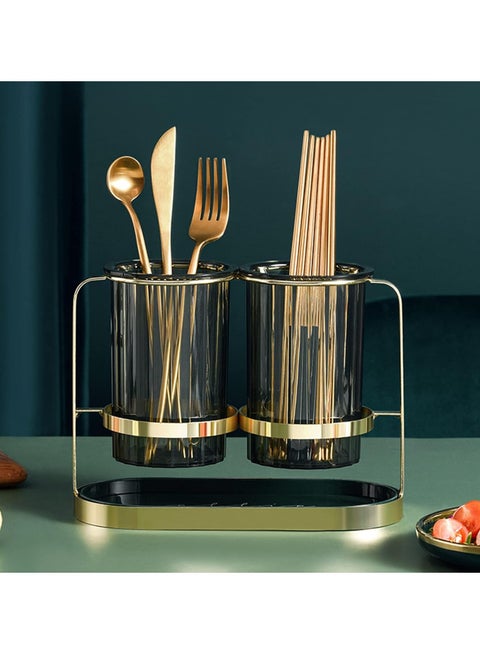 Kitchen Utensil Holder organizer for Countertop, 2 Detachable Plastic Green Cups with Gold Iron Frame Caddys, Cooking Counter Fork Spatula Flatware