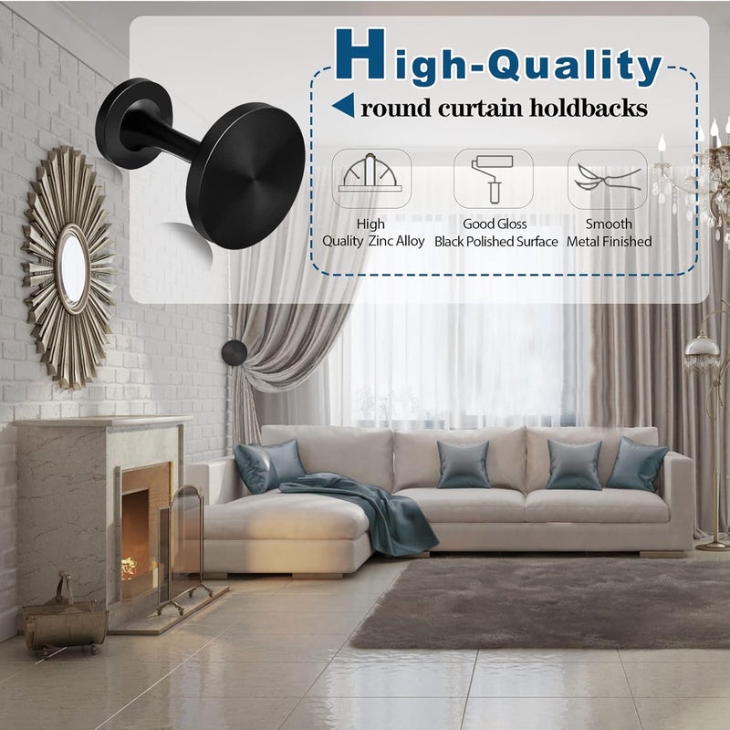 KOLAKO Curtain Holdbacks, Metal Curtain Tie Backs Hooks Wall Mounted Round Medallion Decorative Antique Window Drapery Holder Hangers, Curtains Hold Backs Pair, Black - Image 5