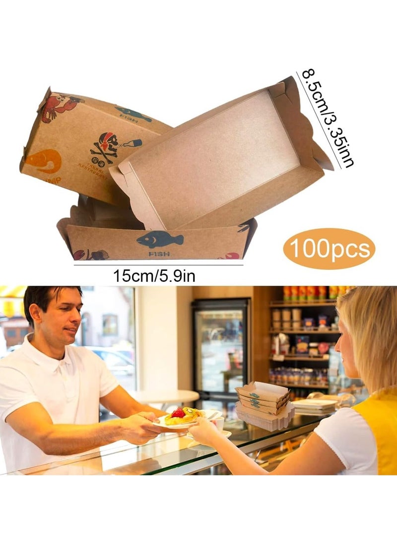 KASTWAVE 100 PCS Kraft Paper Food Trays, Paper Food Serving Tray, Brown Biodegradable Boats Disposable Serving Boat Basket Holders Snack Trays for Fries Hot Dogs Popcorn Lunch - Image 5