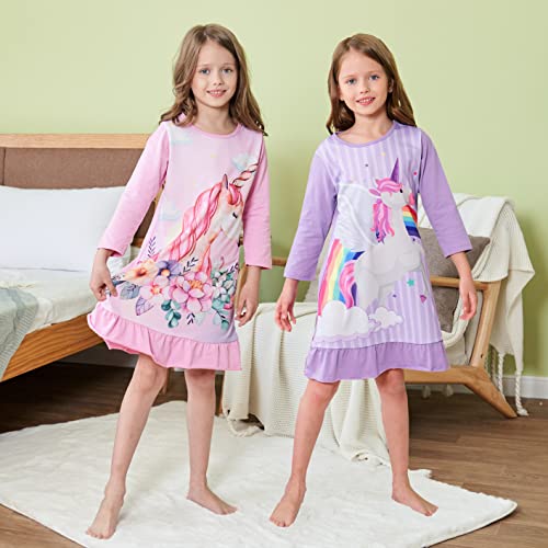 ZEBZOO Nightgowns for Girls Unicorn Dress Toddler Kids Pajamas Long Sleeve Night Gown(2-Pack,2-3 Years) - Image 3