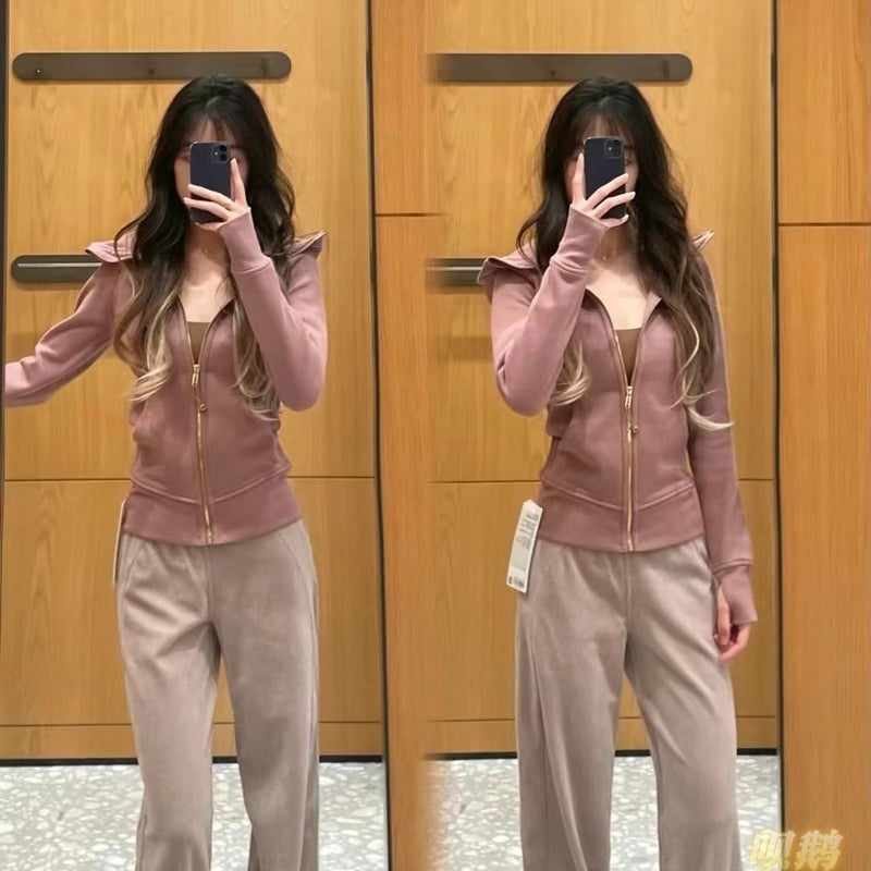 Women's Slim Fit Full-Zip Hooded Fleece Jacket Breathable Cotton Blend Embroidered Yoga Sports Autumn Winter - Image 4