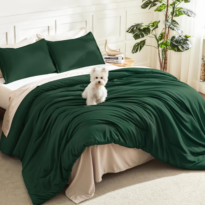 Litanika Dark Emerald Green King Comforter Set, 3 Pieces Solid Forest Bedding Set, All Season Fluffy Bed Set (104x90In Comforter & 2 Pillowcases) - Image 1