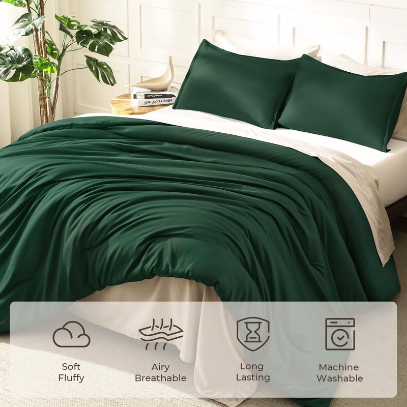 Litanika Dark Emerald Green King Comforter Set, 3 Pieces Solid Forest Bedding Set, All Season Fluffy Bed Set (104x90In Comforter & 2 Pillowcases) - Image 3
