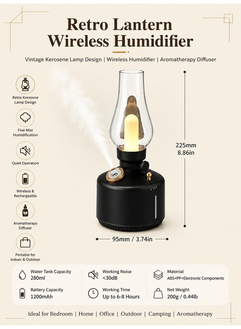 مرطب هواء لاسلكي بتصميم فانوس كلاسيكي، موزع روائح قابل لإعادة الشحن مع إضاءة LED دافئة، مرطب هواء محمول بسعة 280 مل يعمل بمنفذ USB من النوع C، مناسب لغرفة النوم والمكتب والتخييم وديكور المنزل - أسود - Image 4