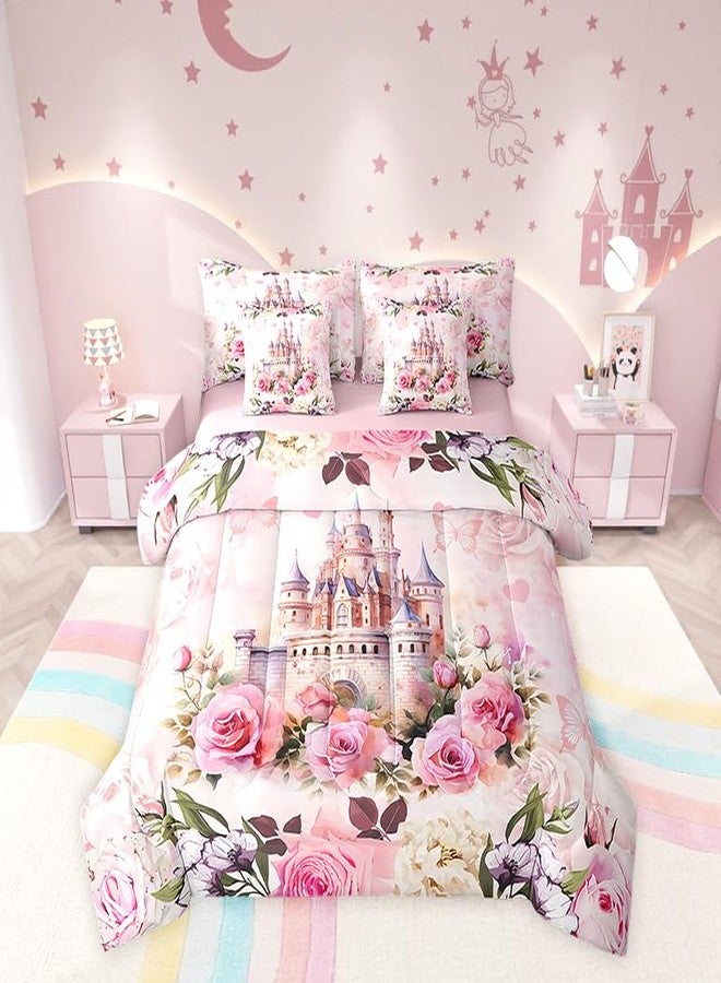 Man Fei Manfei Girls Princess Full Bedding Set 7 Pieces,Cartoon Castle Pink Comforter Sets,Blooming Flowers Bedding Comforter Sets with 1 Comforter,2 Pillowcases,2 Pillow Covers,1 Flat Sheet,1 Fitted Sheet - Image 1