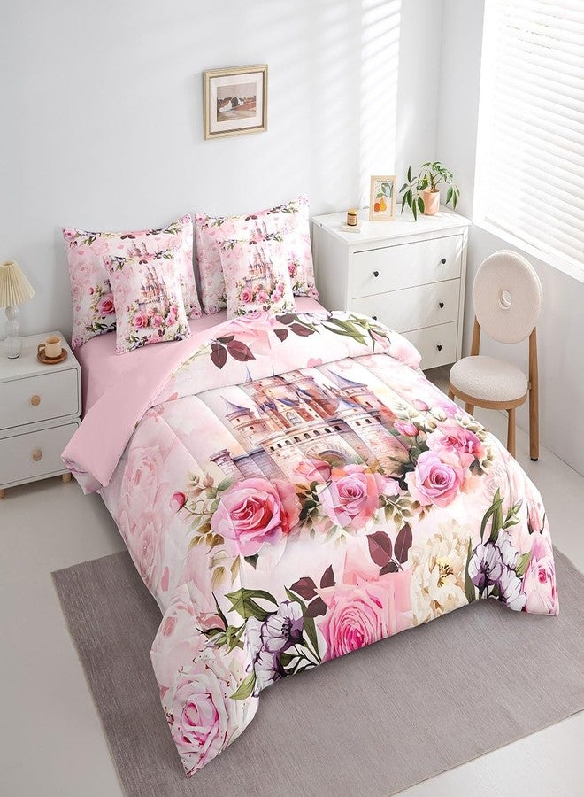 Man Fei Manfei Girls Princess Full Bedding Set 7 Pieces,Cartoon Castle Pink Comforter Sets,Blooming Flowers Bedding Comforter Sets with 1 Comforter,2 Pillowcases,2 Pillow Covers,1 Flat Sheet,1 Fitted Sheet - Image 2